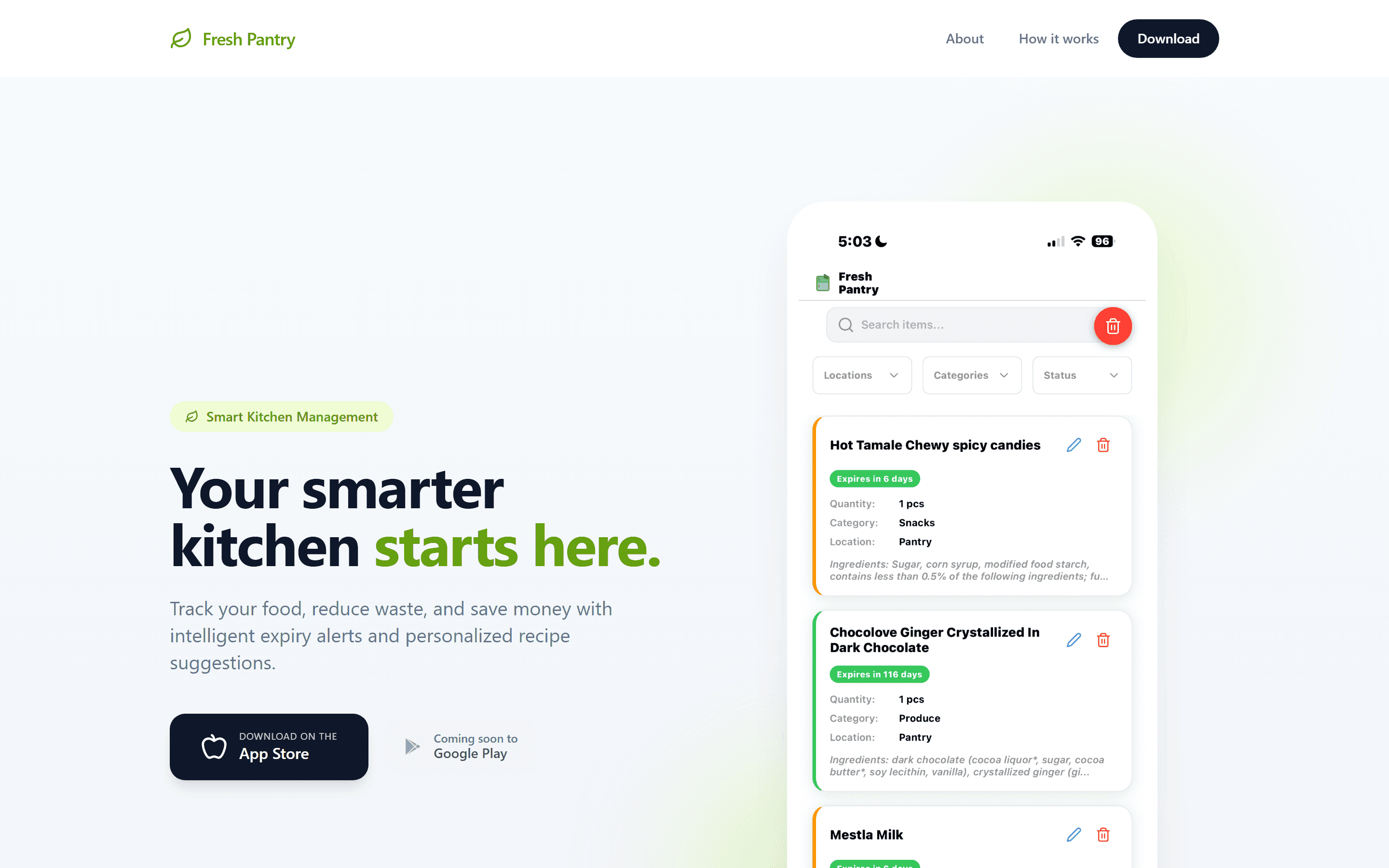 Fresh Pantry app landing page showing the mobile app tracking grocery items and expiry dates